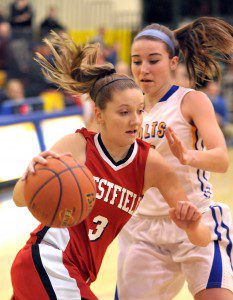 Alicia Arnold handles the ball for Westfield in this photo from the 2013-14 regular season. Arnold, and others, such as Karly Mastello and Alexa Morin, will be critical to the Bombers' success this postseason.  (Photo by Frederick Gore)