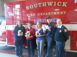 Members of the Southwick Fire Department, Carrie Bradbury, Anne Miller, Tracy Cesan, Brian Schneider, and Chief Richard Anderson, display items donated by the Kiwanis Club of Westfield. (Photo submitted)