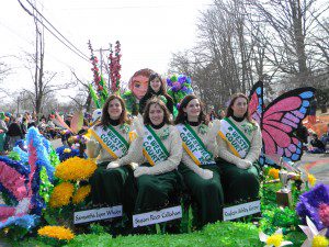 Westfield Colleens of Sons of Erin Grand Prize winning float. Front l-r,  court Sam Whalen, Susan callahan, Kayleen Gerow,Ashley O'Connor rear. Colleen Meghan Hurley.  (Photo by Jayne Mulligan)