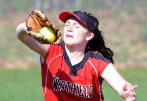 Westfield's Karley Mastello makes the out against visiting Chicopee Comp. Westfield went on to win 13-2. (Photo by Frederick Gore)