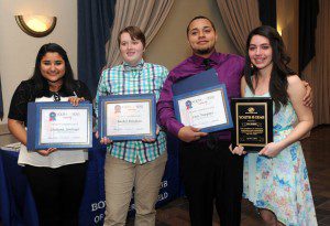 Dishana Santiago, Rachel Bilodeau and Luis Vazquez, finalists in the annual Boys and Girls Club of Greater Westfield Youth of the Year competition, and the winner, Lina Borges, gather to show off their proclamations and plaque at the end of the annual YOY banquet Monday evening. Each finalist was presented proclamations offered by Mayor Daniel M. Knapik, State Rep. Don Humason and State Sen. Michael R. Knapik. (Photo ©2013 Carl E. Hartdegen)