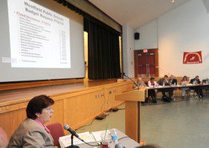 Suzanne Scallion, foreground, superintendent of the Westfield Schools, discusses aspects of the school department’s proposed budget which are displayed for the members of the school committee, background, school officials and members of the community at a public hearing on the budget Monday evening staged at the Westfield Middle School South auditorium. (Photo by Carl E. Hartdegen)