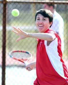 Westfield's Loeiz Briand competes in a recent tennis match. Briand, who lost in the recent  individuals' tournament, completed an unbeaten regular season Monday. (Photo by Frederick Gore)
