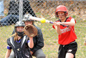 Westfield's Emily Chrzanowski connects for a single during yesterday's game against visiting Pittsfield. Westfield won 6-3. (Photo by Frederick Gore) 