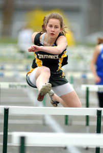 Southwick's Alexis Peterson placed first in the 100-meter hurdles with a time of 17.1 during this regular season track meet. Peterson was the Rams' top performer at the Central/West D2 championships Monday. (Photo by Frederick Gore)