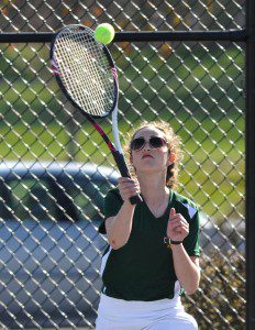 St. Mary's Jenna Turrini competes in the first doubles during Monday's match against visiting Mohawk Regional. (Photo by Frederick Gore)
