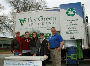 Left to right, Dick Holcomb, Alexis Bellaquila, Madeline Lukomski, and Katherine Colapietro, all student volunteers from Westfield High School, along with Eric Wartel from Valley Green Shredding in S. Deerfield.  (Photo by Don Wielgus)