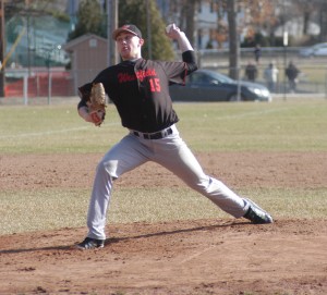 Westfield pitcher Nate Barnes delivers a pitch off the mound Tuesday at Longmeadow. (Photo by Chris Putz)