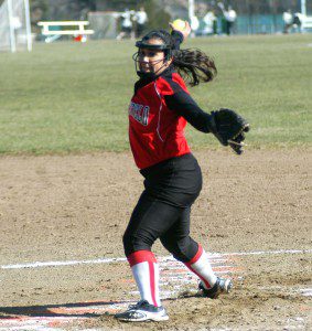 Westfield pitcher Sarah McNerney winds up on the mound. (Photo by Chris Putz)