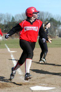 Westfield's Maddie Atkocaitis crosses home plate for the first run of the game in the third inning - the game's only run - at Lonngmeadow on Thursday. (Photo by Chris Putz)