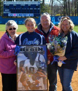 Courtney Begin and her family were honored during the Westfield State University softball team Senior Day. (Photo by Mickey Curtis)