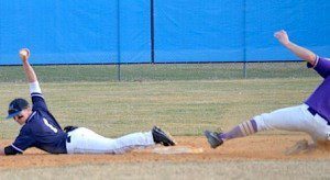 Westfield second baseman Tyler Adams gets a forceout at second base to end the game. The ball rolled directly to Adams after a misplayed grounder by the shortstop. (Photo by Mickey Curtis)