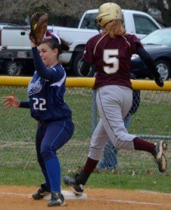 Westfield appears to have turned a 5-4-3 double play in the fourth inning but RIC's Abigail Francis was ruled safe. Francis was retired on an 3-8 putout seconds later, however, as she attempted to advance to second base while the close play at first was being discussed. (Photo by Nick Villante)