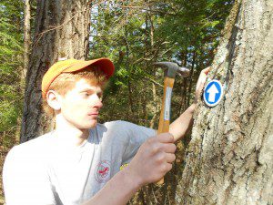 Zachary Zak affixes a trail marker to a tree along the Blue Trail at Camp Shepard.  (Photo submitted)