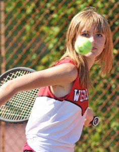 Westfield No. 2 singles Rory Viale eyes the ball during Monday's match with East Longmeadow's Natalie Gaines. (Photo by Frederick Gore)