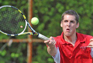 Westfield High School No. 3 singles Jacob Barbieri forehand return during Monday's battle with Agawam's Zak Keene. (Photo by Frederick Gore)