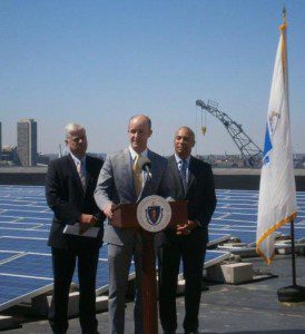 Senator Ben Downing joins EEA Secretary Richard Sullivan and Governor Deval Patrick to celebrate a milestone in solar generation.  (Photo submitted)