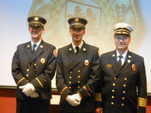 Southwick Firefighters Michael Ferrararccio and Michael Kennedy are joined by Chief Richard Anderson during a pinning ceremony where the two men were named lieutenants. (Photo submitted)