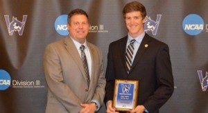 Tom Gauger receives the 2013 Westfield State University Senior Male Athlete of the Year award from athletics director Richard Lenfest. (Photo by Mickey Curtis)