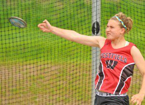 Jenna Rothermel tossed the discus 108 feet, 8 inches to win the event at divisionals this past weekend. (Photo by Frederick Gore)