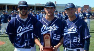 Westfield State senior captains, left to right, Andrew Medeiros, Kevin Greene and Curt Everett accept the MASCAC Tournament runner-up trophy. (Photo by Mickey Curtis)