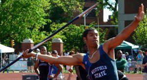 Freshman Travon Godette unleashes the javelin during the ECAC championships at Springfield. (Photo by Mickey Curtis)