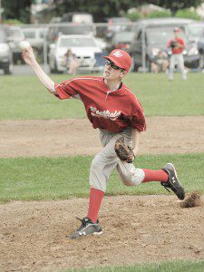 Westfield North starting pitcher Ethan Flaherty delivers to a South batter during Thursday's game at Cross Street. (Photo by Frederick Gore)