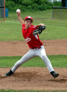 Westfield North Little League 10-11-Year-Old pitcher Kevin Paluk delivers a pitch against Agawam at Carl Beane Field. (Photo by Chris Putz)