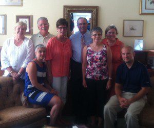 Pittsfield leaders met with a Westfield delegation Thursday to discuss how Pittsfield was able to revitalize itself through the arts. Left to right: Nancy Woitkowski, Bob Plasse, Mo Belliveau, Nanci Salvidio, Pittsfield Mayor David Bianchi, Kate Phelon, Meghan Whilden, and Brent Bean. (Photo by Peter Francis.)