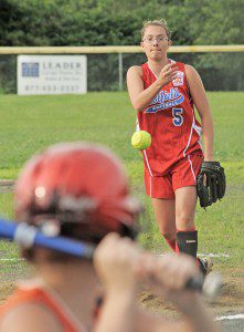 Westfield Senior League All-Star starting pitcher Samantha Schieppe delivers to a Quaboag batter during last night's Game 1 District 3 Tournament at Lewis Field in Brookfield. Westfield went on to win in a mercy-ruled game 27-8. (Photo by Frederick Gore)