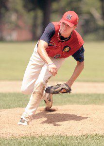 Westfield American Legion Post 124 starting pitcher Ryan Tettemer delivers to an Aldenville American Legion Post 337 batter during Saturday's game in Chicopee. (Photo by Frederick Gore)