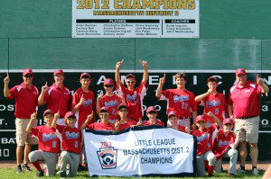 The Westfield Little League North 12-Year-Old All-Stars display their District II championship banner Sunday after capturing the title with a victory at Belchertown's Mini-Fenway. From left to right, (top) manager Mike Nihill, coach Jim Hagan, Nick Barber, Mike Hall, Cam Davignon, Joe Raco, and Spencer Cloutier; (bottom) Elliott Avery, Cade Bradley, Mike Nihill, Carter Cousins, Ryan Rix, Jimmy Hagan, Luke Bacopoulous, Matt Judd, and coach Denis Cloutier. (Submitted photo)