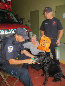 Southwick Fire Department EMT Brian Schneider demonstrates how to use a pet oxygen mask on Captain, a black Labrador, as Animal Control Officer Tracy Root and EMT Chris Brown look on. (Photo by Hope E. Tremblay)