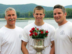 Rick, Matt, and Dan Gaylord, all of Westfield, take part in a celebratory pose after helping the Oxbow Waterski Show Team strike a first place finish in the Northeast Regional. (Submitted photo) 