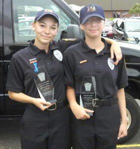 The two girls in the delegation the Westfield Police explorers sent to the 2013 Cadet Academy offered by the North East Regional Law Enforcement Educational Association, Caitlin Julius and Reiley Ledoux, were chosen by the director of the program as the outstanding participants in their respective programs. (Photo Courtesy the Westfield Police Explorers)