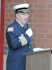 Southwick Fire Department Chief Richard Anderson welcomes everyone to a 9/11 Remembrance Ceremony staged in front of the Southwick Fire Department Wednesday. (Photo by Frederick Gore)