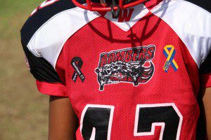 Westfield Youth Football players wear jerseys adorned with Boston Strong ribbons, as well as the Newtown, Ct Ribbon in their support of all affected by these terrible events. (Submitted photo)