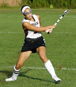 Westfield's Lexi Minicucci takes a whack at the ball, and Athol. Minicucci led all scorers with four goals. (Submitted photo)