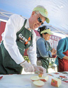 Richard K. Sullivan Jr., secretary of the Executive Office of Energy and Environmental Affairs, slices freshly picked apples at the Westfield Farmer's Market as part of a hands-on demonstration at the UMass Extension tent. (Photo by Frederick Gore)