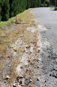 Cracking asphalt and inadequate drainage are some of the problems that have Robin Road residents wondering when the Town of Southwick will start the repair process. (Photo by Frederick Gore)