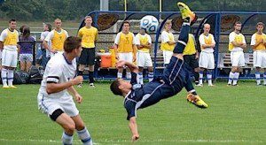 Westfield's Kevin Bengle nearly scores as his bicycle kick is wide of the right post during first half action vs. Western New England. (Photo by Mickey Curtis)