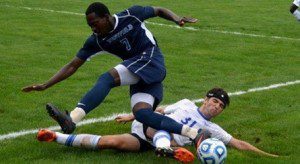 Westfield's Prince Sarpong is tripped up during action in the Soccer City Shootout. (Photo by Mickey Curtis)