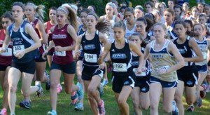 Westfield's Jenn Holley leads a pack of runners up the hill at the start of the Elms College Invitational at Chicopee State Park. (Photo by Mickey Curtis)