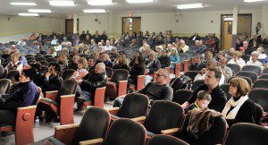 Approximately 150 residents filled the Westfield Vocational-Technical High School auditorium last night during the Mayoral Candidate Forum sponsored by The Westfield News Group and the Greater Westfield Chamber of Commerce. (Photo by Frederick Gore)