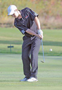 Westfield's Jeremy Doody chips to the green during Monday's WMass D1 golf championship at Crestview Country Club in Agawam. (Photo by Frederick Gore)