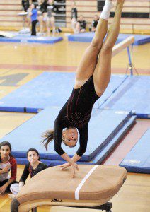 Westfield's Taryn Hamel competes in last night's meet with Chicopee Comp and Hampshire Regional. Hamel scored an 8.375. (Photo by Frederick Gore)