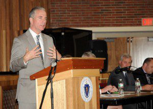 State Rep. Harold P. Naughton, Jr, addresses the audience during the meeting of the Massachusetts Military Asset and Security Strategy Task Force at the 1st Lt. Charles W. Whitcomb Middle School here Thursday, Oct. 17, 2013. (U.S. Army National Guard photo by Sgt. Doug Huddy, Massachusetts National Guard Public Affairs/Released)