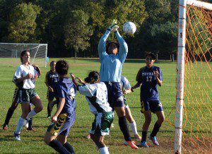 St. Mary watches as a shot slips through the hands of the Putnam goalie before the ball rolled past the net Tuesday at Westfield Middle School South. (Photo by Chris Putz)