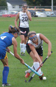 Sticks collide in a matchup between the Westfield and Mohawk field hockey teams Monday. (Photo by Chris Putz)