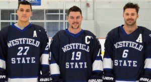 Westfield State University 2013-14 ice hockey team captains, left to right, are: Billy Miller, Vince Perreault, and Taylor Murphy. (Photo by Mickey Curtis)